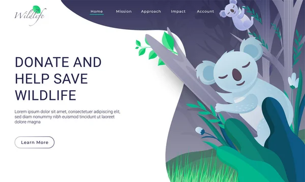 Landing Page Design mit zwei Koala-Kletterbäumen zum Spenden und — Stockvektor