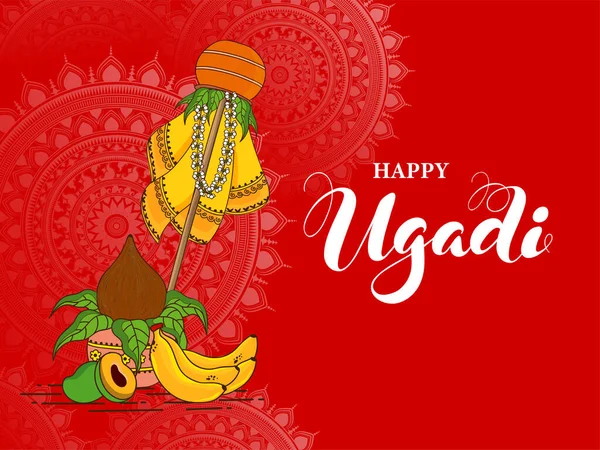 Happy Ugadi Célébration Concept avec Gudhi traditionnel, Fruits a — Image vectorielle