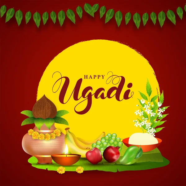 Happy Ugadi Poster Design with Copper Worship Pot (Kalash), Frui — стоковый вектор