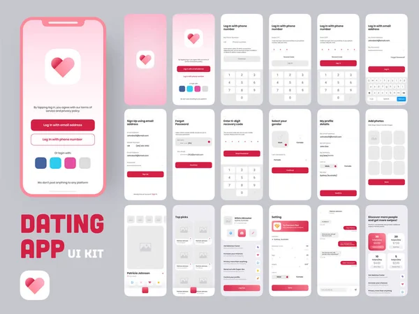 Dating App Ui Kit för Responsive Mobile App eller Webbplats med skillnader — Stock vektor