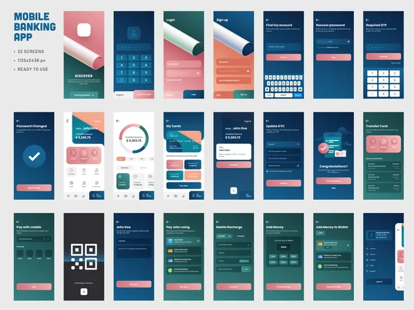 Mobile Banking App UI Kit avec mise en page de l'interface graphique différente, y compris Lo — Image vectorielle