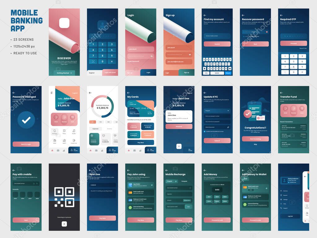 Mobile Banking App UI Kit with Different GUI Layout Including Lo