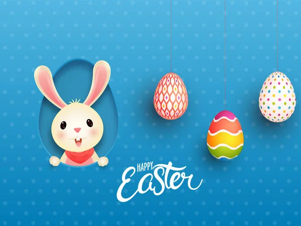 Schattig konijn in papieren gesneden eivorm en opknoping realistische eieren op — Stockvector