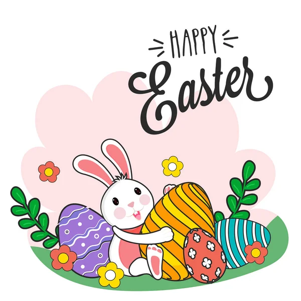 Joyeux design d'affiche de Pâques avec lapin mignon tenant des oeufs imprimés , — Image vectorielle