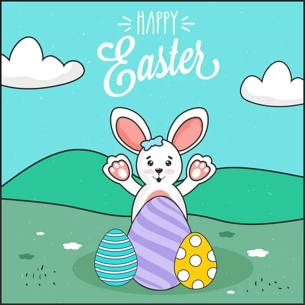 Projeto feliz do cartaz da Páscoa com coelho alegre dos desenhos animados e impressão — Vetor de Stock