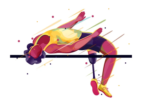 Gezichtloze Gehandicapte Man High Jump Crossbar en Abstracte Stralen op Wh — Stockvector