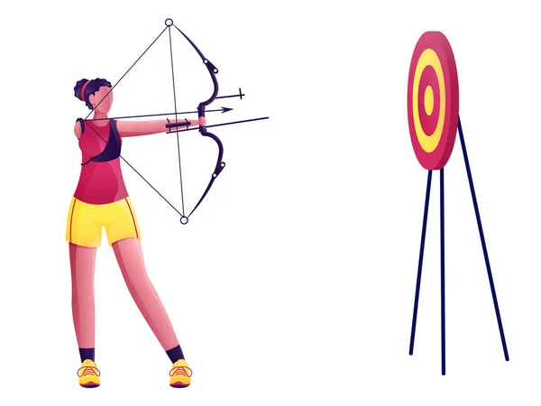 Disabled Young Girl Taking Aim From Bow Arrow in Dartboard on Wh — Stock Vector