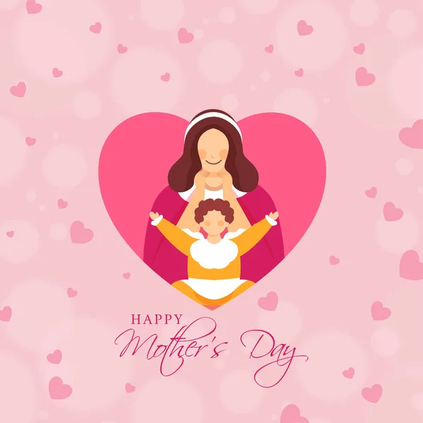 Desenhos animados jovem mulher com seu bebê menina no rosa corações Bokeh Borrão —  Vetores de Stock