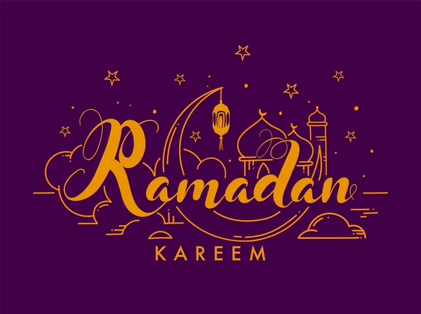 Carattere di Ramadan Kareem con Luna di Mezzaluna, Lanterna Araba e Mosqu — Vettoriale Stock