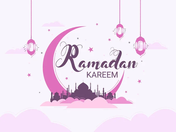 Ramadan Kareem Font with Crescent Moon, Mosque and Hanging Lante — 图库矢量图片