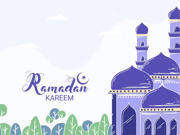 Police de Ramadan Kareem avec mosquée et arbre sur fond blanc . — Image vectorielle