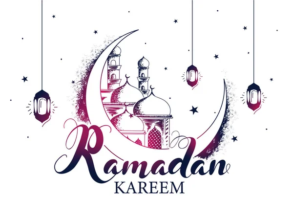 Шрифт Рамадана Карима с изображением полумесяца, мечети, звезд — стоковый вектор