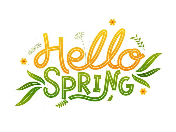 Hello Spring Font com flores e folhas no fundo branco . — Vetor de Stock