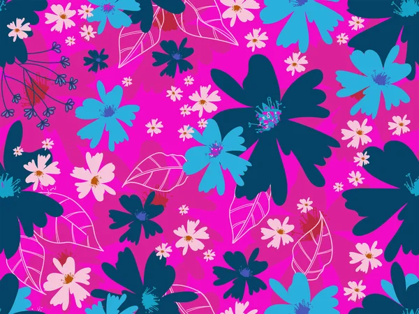 Sömlösa blommor och blad dekorerad rosa bakgrund. — Stock vektor