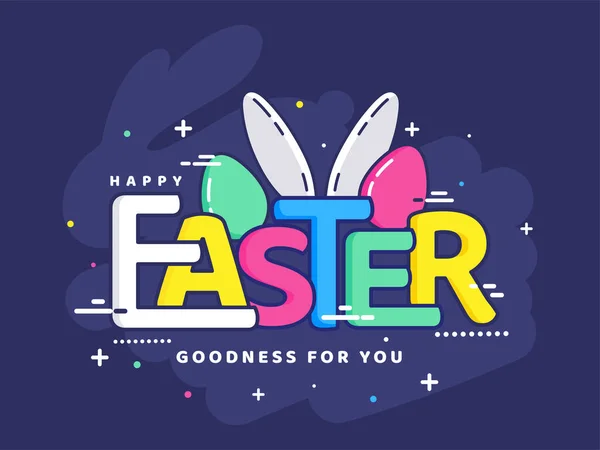 Barevný velikonoční text s vejci a králičím uchem na modrém pozadí. — Stockový vektor
