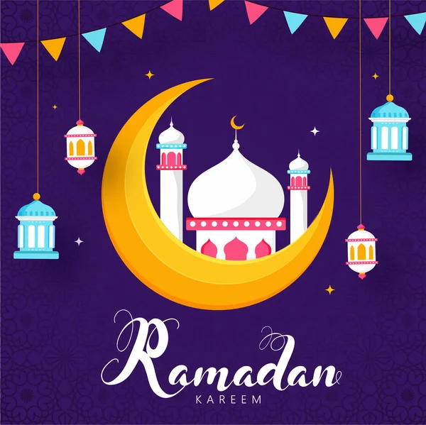 Design de cartaz de celebração Ramadan Kareem com amarelo Crescent Mo — Vetor de Stock