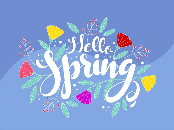 Hello Spring Font with Colorful Flowers and Leaves on Blue Wave — стоковий вектор