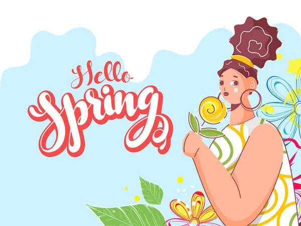 Hallo voorjaar lettertype met jong meisje met bloemen en bladeren op een — Stockvector