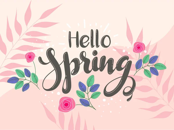 Hello Spring Font with Rose Flowers and Leaves on Peach Pink Bac — Stock Vector