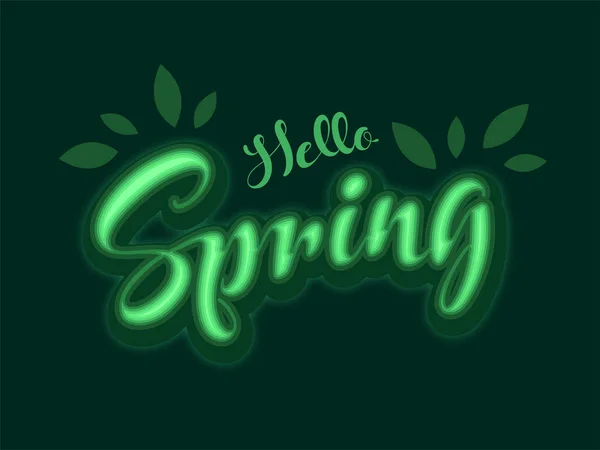 Hola fuente de primavera con efecto de neón y hojas en el fondo verde — Vector de stock