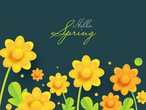 Ciao primavera font con carta taglio giallo fiori e foglie decorazione — Vettoriale Stock