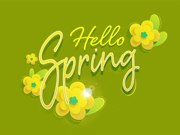 Hallo voorjaar kalligrafie met geel papier bloemen en bladeren op — Stockvector