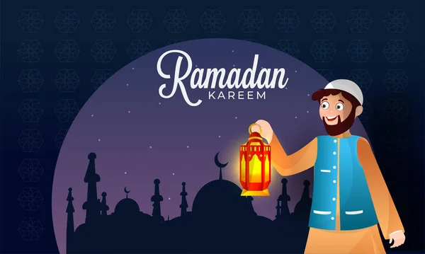 Ramadan Kareem Celebration Concept s Cartoon Man drží Illu — Stockový vektor