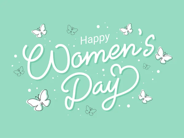 Happy Women's Day Font with Butterflies on Pastel Green Backgrou — Stock Vector