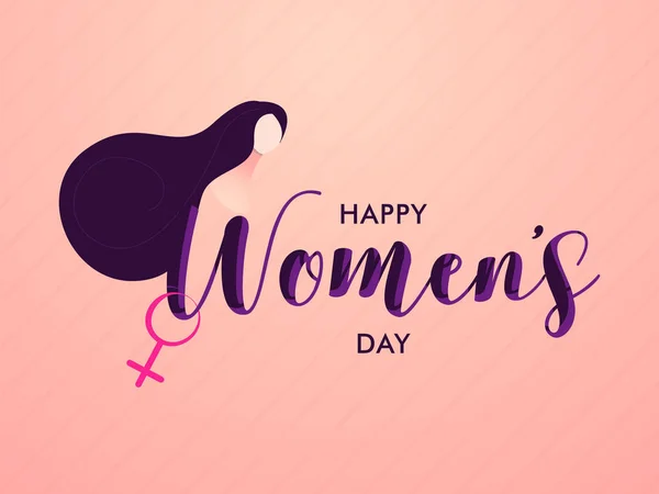 Happy Women 's Day Schrift mit weiblichem Gesicht und Venus-Zeichen auf Pfirsich — Stockvektor