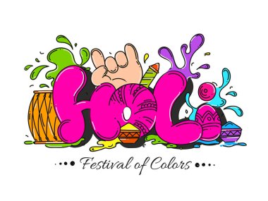 Rock Hand, Color Bowl, Water Gun (Pichkari), Drum (Dhol) ve Color Splash ile Pembe Holi Metni Renkler Festivali için Beyaz Arkaplanda.