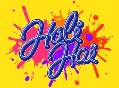 Etiket Biçimi Holi Hai (Holi) Sarı Arkaplan Üzerine Renk Sıçratma Efekti Yazısı.
