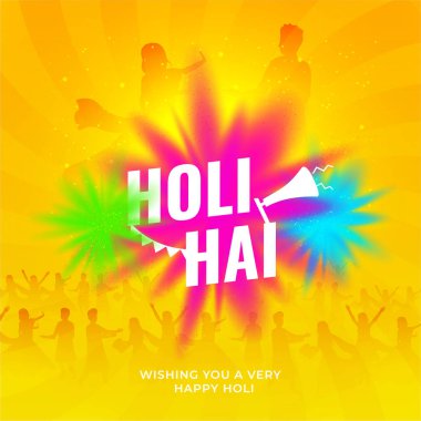 Holi Hai (Holi) Yazı ve Siluet İnsanlar Sarı Arkaplanda Renkler Festivali 'ni Kutluyor.