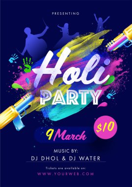 Holi Party Flyer veya Şablon Tasarımı: Su Tabancası (Pichkari) ve Mavi Arkaplan Üzerinde Fırça Vuruşu Efekti.