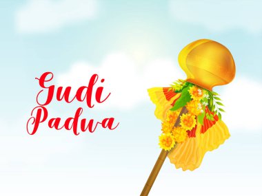 Gudi Padwa Yazı Tipi: Bambu Çubuğu, Kumaş, Çiçek Çelengi, Neem ve Mango Yaprakları: Parlak Bulutlar Mavi Arkaplanda.