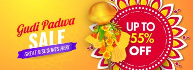 Gudi Padwa Satış Başlığı veya Geleneksel Gudhi Banner Tasarımı için% 55 indirimli.