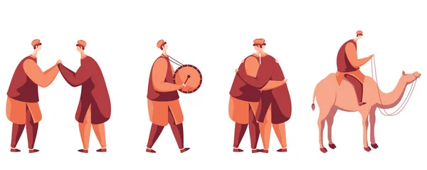 Muslim Men Different Pose Hugging Drum Beating Ride Camel — Stock Vector