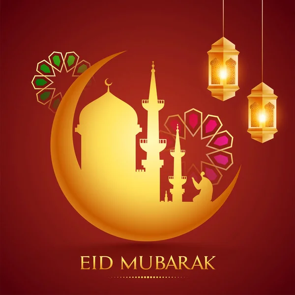 Eid Mubarak Poster Design Com Lua Crescente Mesquita Homem Muçulmano — Vetor de Stock