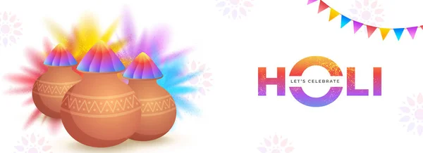 Laten Vieren Holi Header Banner Design Met Glossy Mud Pot — Stockvector