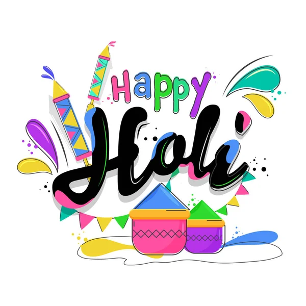 Kleurrijke Happy Holi Font Met Kleurpotten Waterpistool Pichkari Boog Druppels — Stockvector