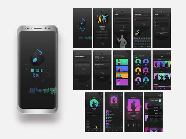 Mobile Kit Music Box Multiple Screens Creative Account Screens — Stock Vector