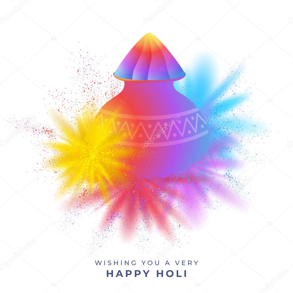 Glossy Mud Pot Full of Dry Color with Powder Splash Effect on White Background and Wishing You A Very Happy Holi.