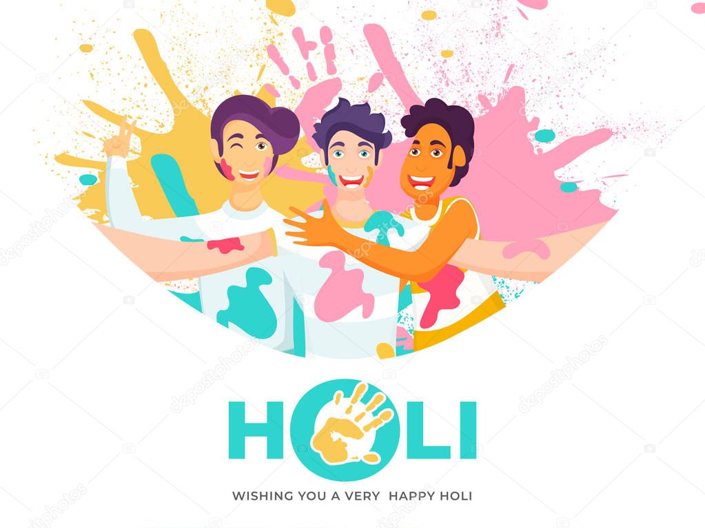 Cheerful Young Boys Taking Selfie Together with Color Splash and Hand Print on White Background for Holi Festival, Wishing You A Very Happy Holi.