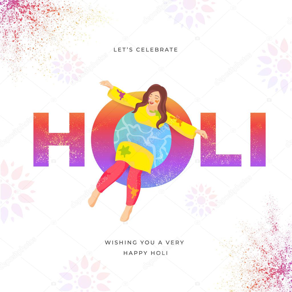 Let's Celebrate Holi Text with Young Girl Falling in a Water Tub and Given Message Wishing You A Very Happy Holi on White Background