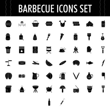 B&W Illustration of Barbecue Icon Set on White Background.