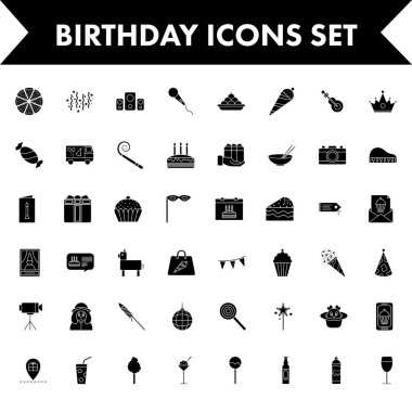 B&W Illustration of Birthday Icon Set on White Background.