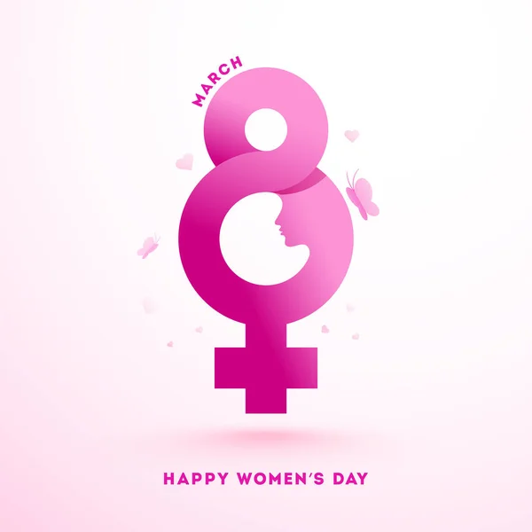 ピンクペーパーカットスタイル8数で女性性別サインと蝶上の白い背景幸せな女性の日 — ストックベクタ