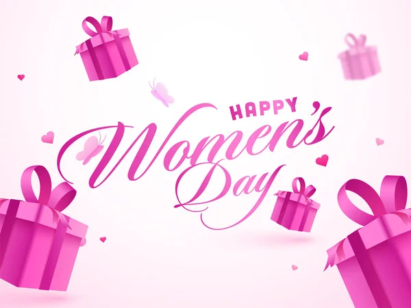 Pink Happy Women Day Font Gift Boxes Hearts Paper Butterflies — Wektor stockowy
