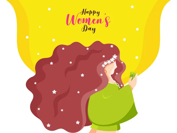黄色と白の背景で花バドを保持漫画の若い女の子と幸せな女性の日のお祝い — ストックベクタ