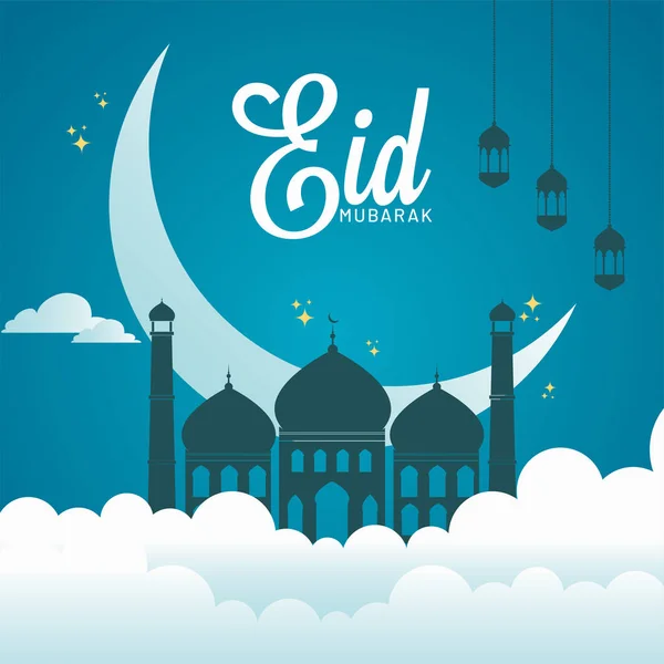 Eid Mubarak Affisch Design Med Moské Halvmåne Och Hängande Lyktor — Stock vektor