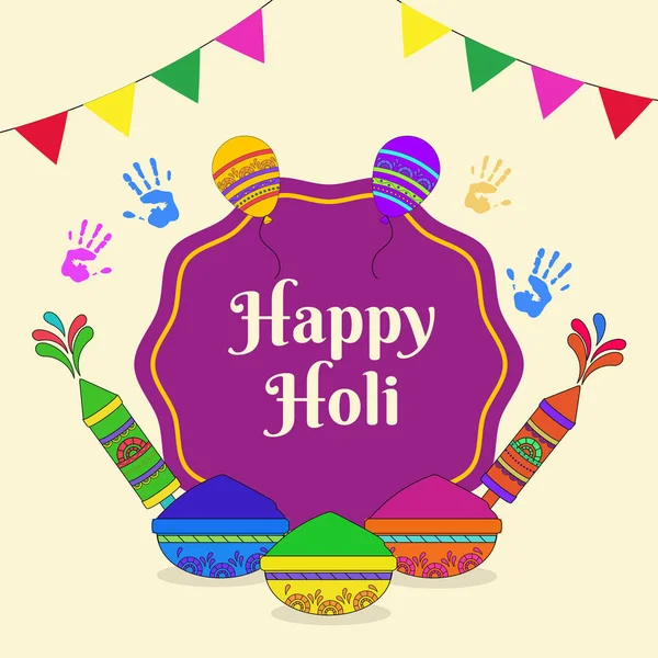 Happy Holi Celebration Poster Design Met Kleurpotten Waterpistolen Pichkari Handafdrukken — Stockvector